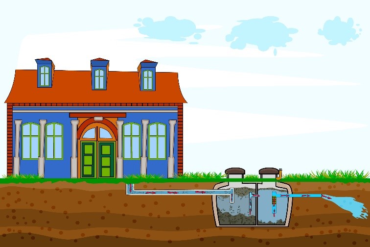 Artist's rendering of a house with a view of underground septic system