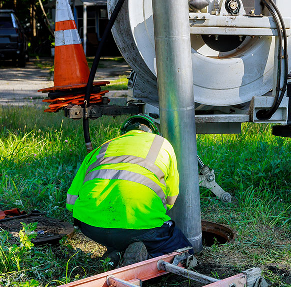 Sewage industrial cleaning truck clean blockage in a sewer line.