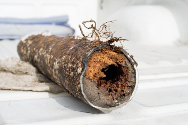 A clogged and corroded sewer pipe.