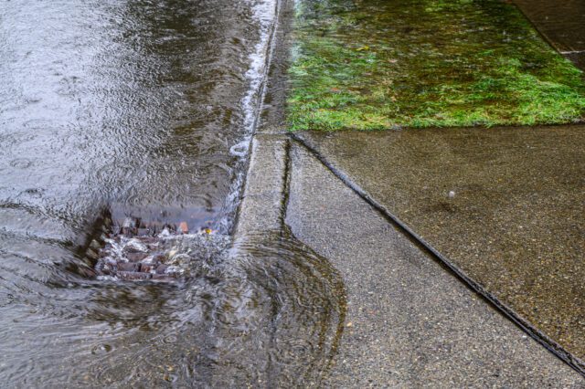 Rainwater drains in a basin.