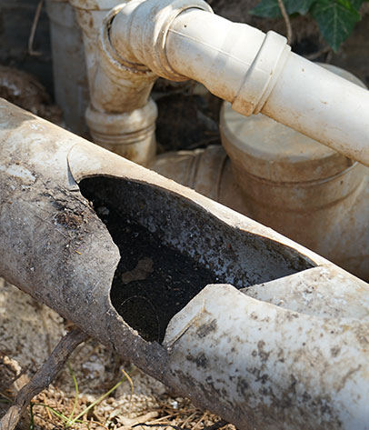 Repair and replacement of broken waste water pvc plastic sewer pipe, drainage of waste water from the house. Close-up