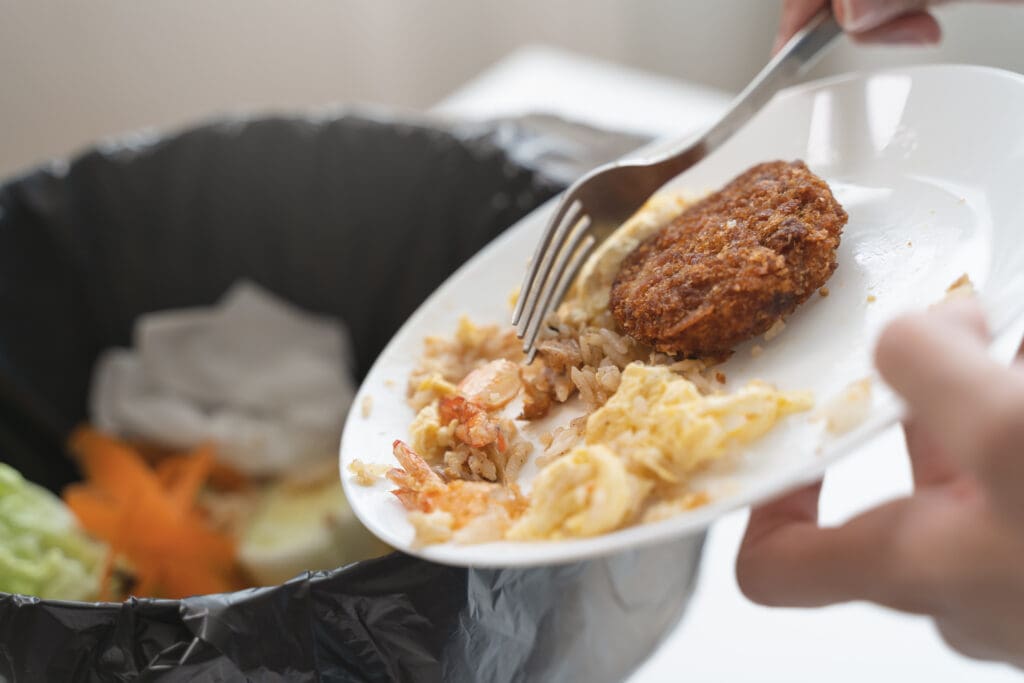 A person scraping the remainder of their dinner plate into the trash.