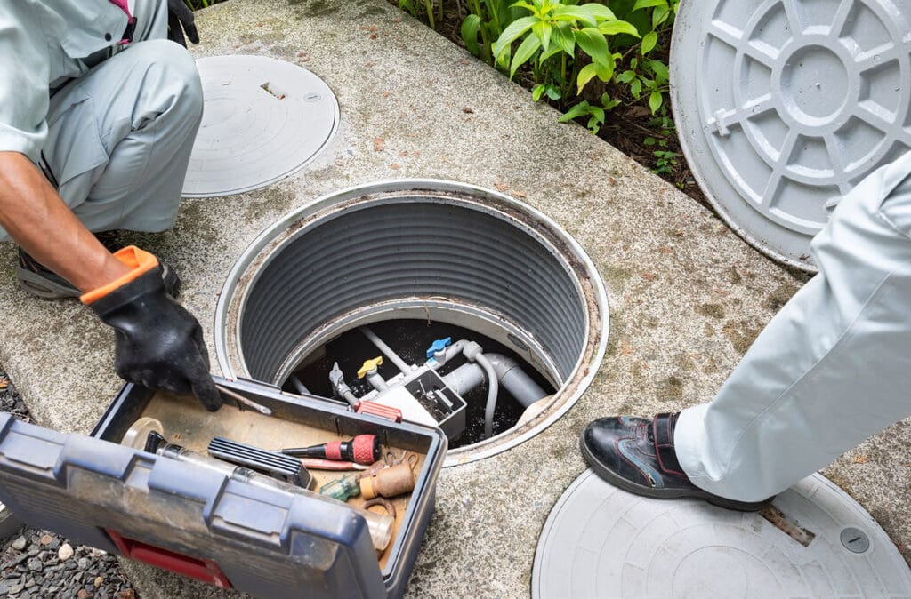 A pair of septic maintenance professionals examine an open septic tank with internal machinery visible within