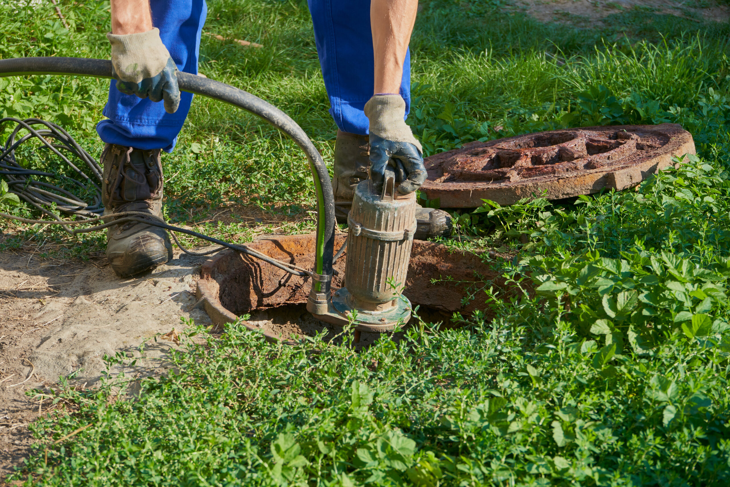 Worker lowering vacuum pump into septic tank during outdoor maintenance on a grassy property.