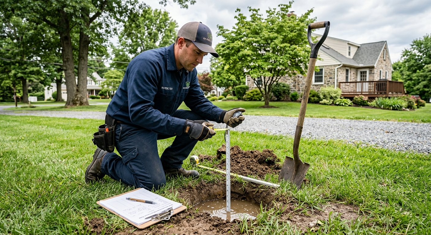 Technician measuring soil percolation water drainage in a test hole in a suburban yard with a clipboard and shovel nearby.